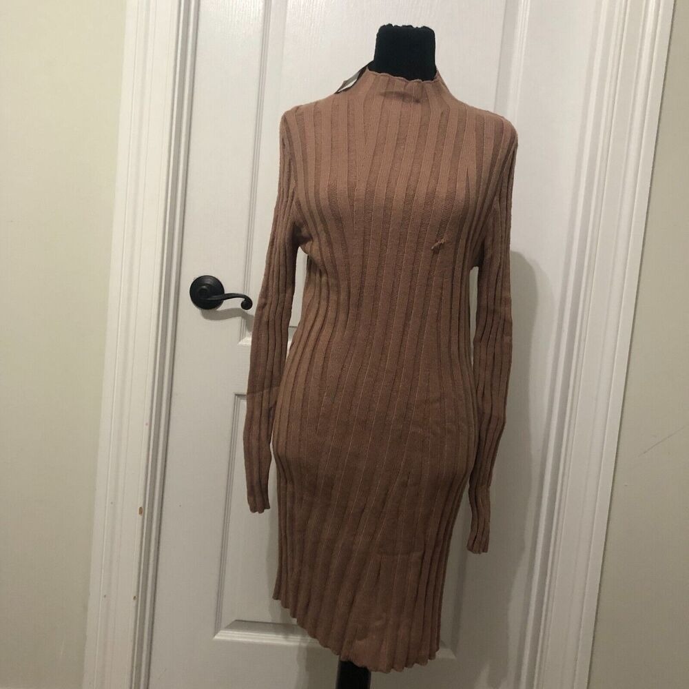 And Now This Womens Ribbed Mock‎ Neck Long Sleeve Sweater Dress Almond Brown M